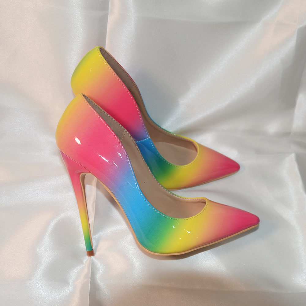 Veowalk Rainbow New Colorful Patent Leather Women Sexy Stiletto Extemely High Heels, Ladies Fashion Pointed Toe Pumps Party Shoes 210310