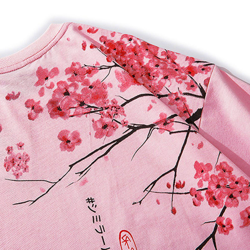Men Hip Hop T Shirt Streetwear Japanese Sakura Painting Tshirt Short Sleeve Cotton Summer Harajuku T-Shirt Japan Style Pink 210225