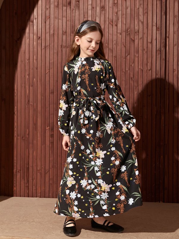 Girls Floral Print Lantern Sleeve Belted Dress SHE