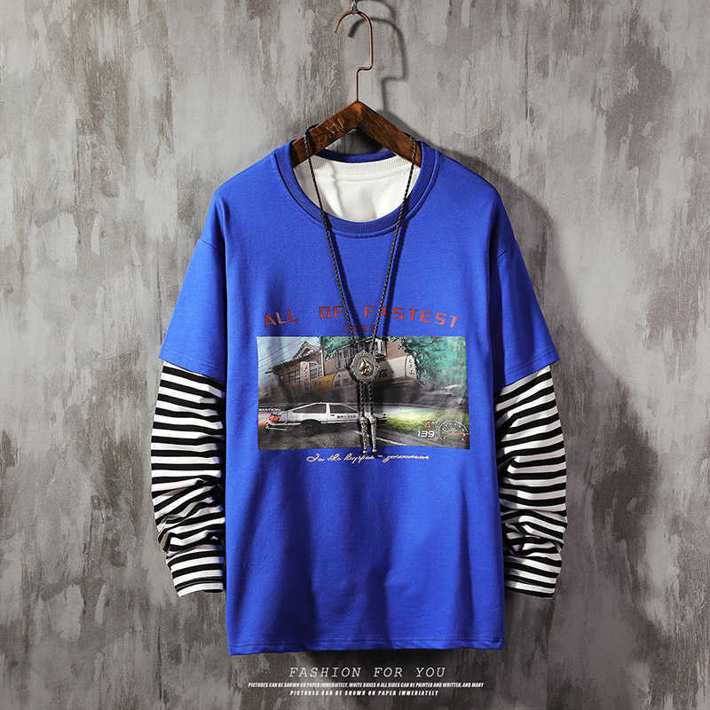 LIFENWENNA Fashion Patchwork Sweatshirts Fast Print Car Hoodies Sweatshirt Men Auturm O Neck Striped Sweatshirt For Men Pullover 210528