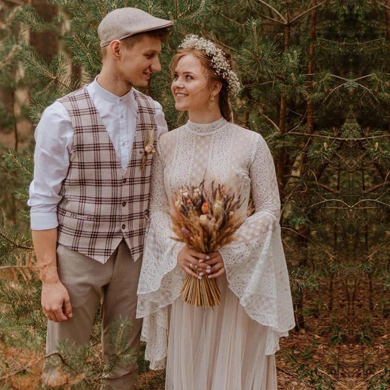 Country Style Vintage Bohemian A Line Wedding Gowns Long Puffy Sleeves High Jewel Neck Boho Lace Tulle Fairy Bridal Dresses Vestido De Noivas Custom M