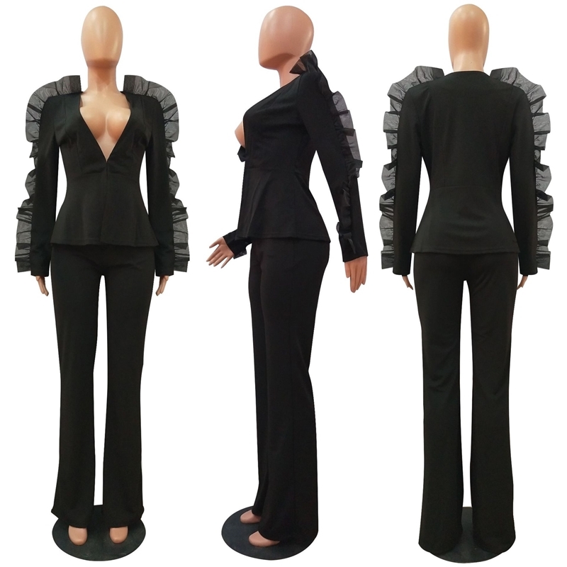 Echoine Black women suits Sheer Mesh Ruffle Sleeve costume femme Two Piece Set Office Woker Wide Leg pants Blazer Suit Set White