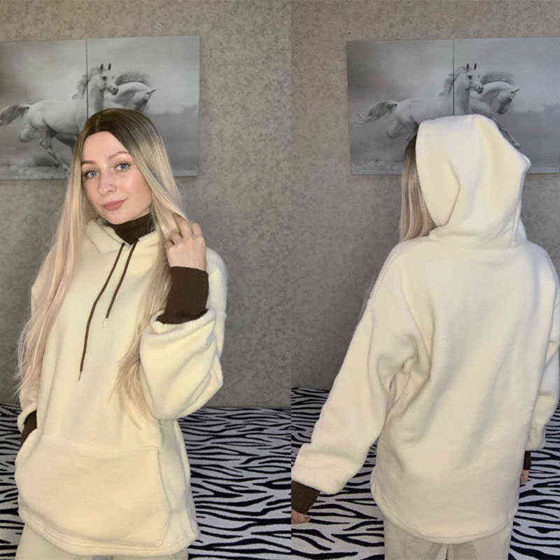 Lamb Plush Women Autumn And Winter Korean Style Long Sleeve Hoodies Cotton Blend Warm Plus Size Loose Casual Woman Tops 211108