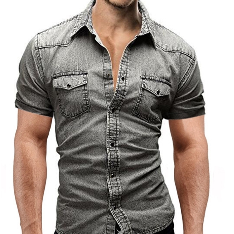 HaiFux New Men Jeans Shirts Summer Cotton Water Washing Male Tops Short Sleeve Flower Print Denim Shirt Men