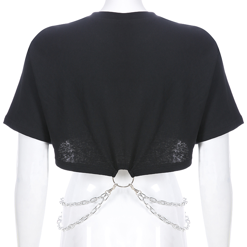HEYounGIRL Korean Punk Short Sleeve Tshirt Women Black Harajuku Cotton T Shirt Ladies Printed Top with Chains Streetwear Summer 210306