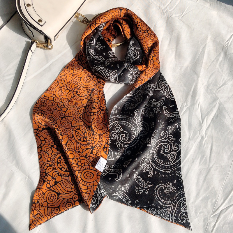 Silk Long Narrow Scarf with Multi-function Striped Flower Printing, High-quality Plain Crepe Satin Double-layer Wild Streamer