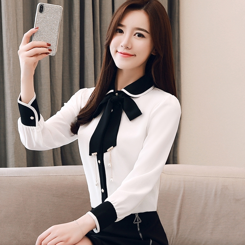 Bow Collar Chiffon Shirts Spring New Women's Tops Long Sleeve Camisas Mujer Korean Fashion Clothing Chiffon Blouse 628H60 210225