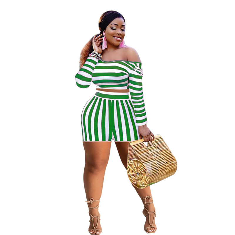 3xl 4XL Plus Size Outfits Summer Women Two Piece Set Long Sleeve pullover sweatshirt Shorts matching set Striped Tracksuits Casual Sportswear