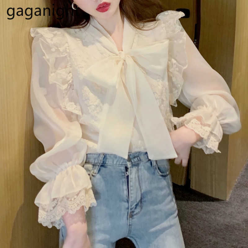 Korean Women Fashion Long Sleeve Bow Shirts Apricot Chiffon V-Line Flare Office Ladies Blouses Spring 210601