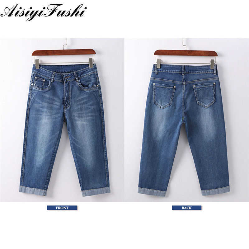 Woman's Jeans Black Denim Pants Ladies Cropped Trousers Skinny Knee Length Women Elastic High Waist Mom Plus Size 210809