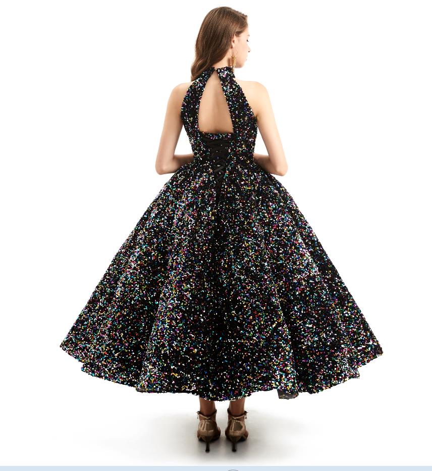 Green O-Neck Sexy Luxury Ankle-Length Evening Gowns 2022 Sleeveless puffy skirt Sequins Sparkle prom dresses real image