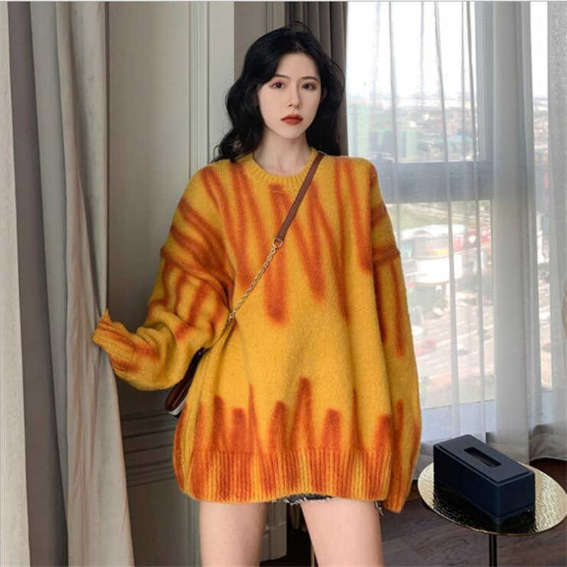 Elegant Green Striped Print Oversized Pullovers Women Winter O-Neck Loose Long Sweaters Streetwear Warm Outerwear 8 Colors 210918
