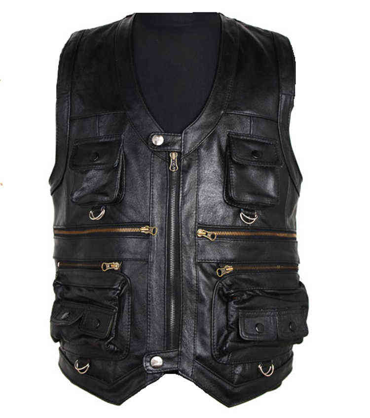 Cowhide Genuine Leather Vest Men Brown Waistcoat Male Sleeveless Jacket Thick Motorcycle plus size Vest Multi Pocket Zipper 211119