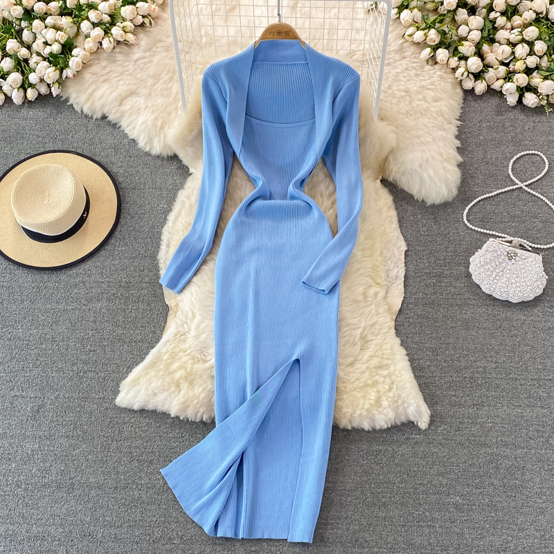 Autumn new design womens sexy retro square collar long sleeve solid color knitted vent jag maxi long dress