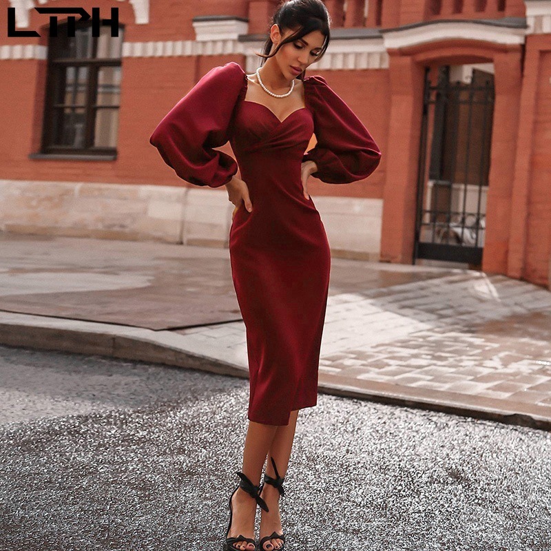 LTPH Hot sale autumn winter new women dress sexy tube top low collar puff sleeves solid color long fashion pencil dresses 210309