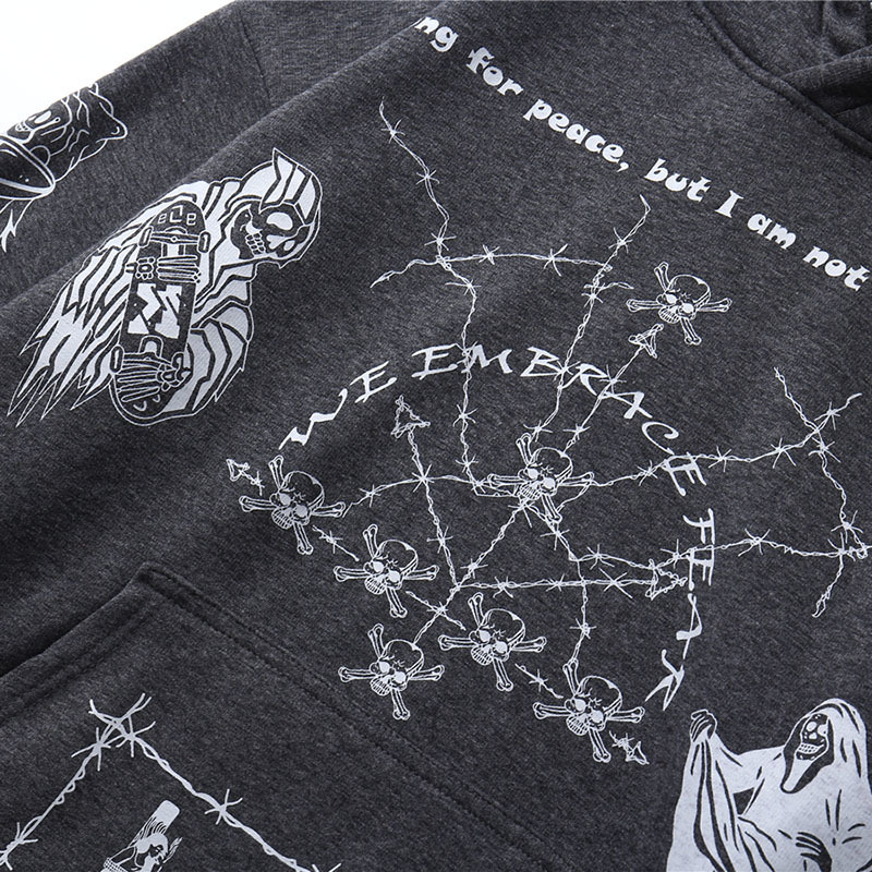 Hip Hop Hoodie Sweatshirt Men Streetwear Skull Graffiti Print Hoodie Pullover Cotton Autumn Grey Harajuku Punk Clothes New 201104