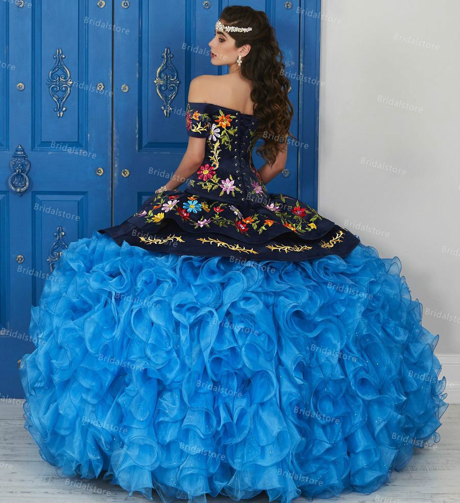 Vintage Mexican Girls Floral Blue Quinceanera Dresses 2021 Elegant Off The Shoulder Embroidery Organza Ruffles Prom Dress Sweet 15 Birthday