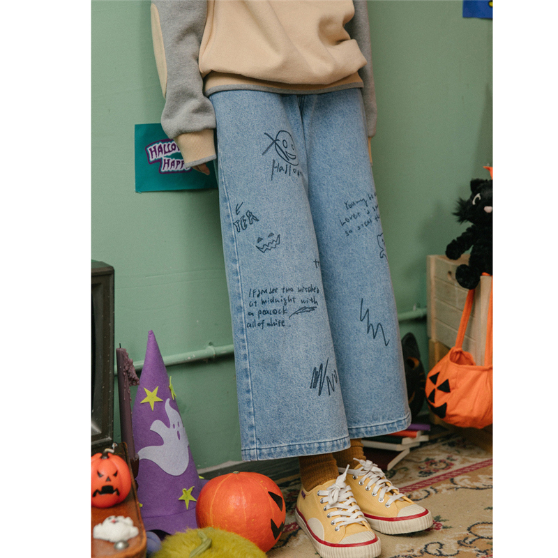 Cartoon Graffiti Women's Cute Jeans Wide Leg Autumn Winter Straight Capris Loose Denim Pants Female Student Jeans Pants Women 210302