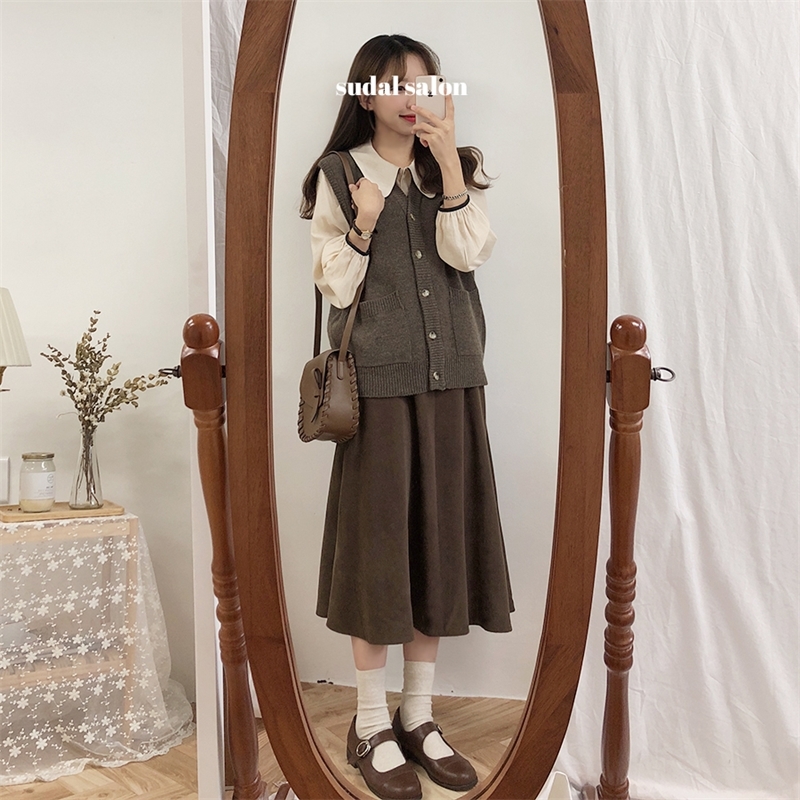 A Line solid Women Skirts Pleated Autumn Plus Size Knee Length Skirt Female Vintage Suede Skirts Jupe Femme Faldas Mujer 210306