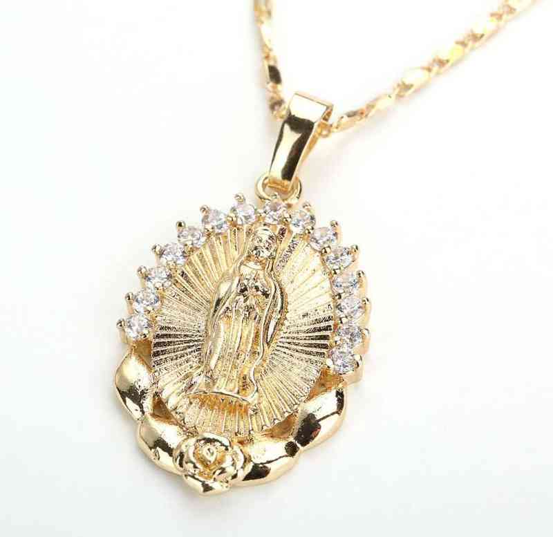 Holy Virgin Mary Pendant Necklace Religion Dainty Golden Christian Cubic Zircon Necklace Women Collier Femme Christian Jewelry G1206