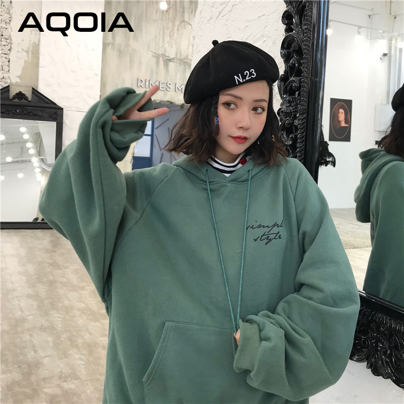 AQOIA Hoodies Women Thicker Plus Velvet Pocket Warm Soft Hooded Letter Printed Simple Loose Womens Trendy Sweatshirt Winter 201204