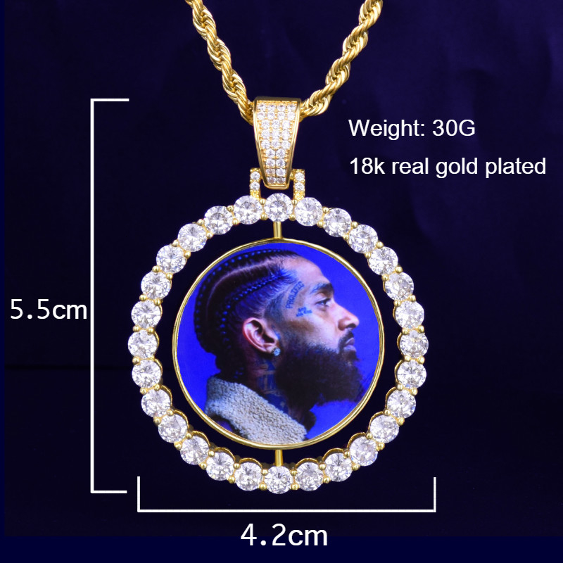 Custom Made Photo Rotating double-sided Medallions Pendant Necklace 4mm Tennis Chain Zircon Men's Hip hop Jewelry 2x1.65 inch V191128