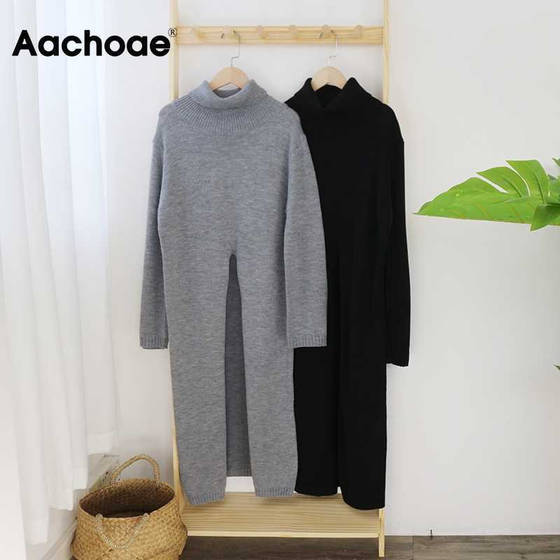 Aachoae Fashion Knitted Turtleneck Long Sweater Women Front Split Office Solid Pullover Autumn Winter Elegant Jumper Sweaters 210914