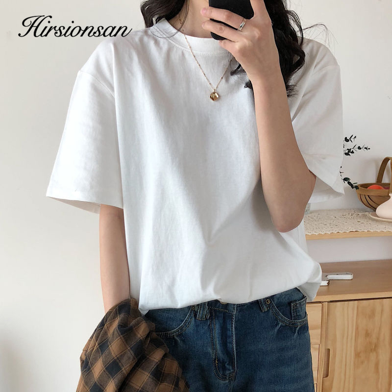 Hirsionsan 100% Cotton T Shirt Women Summer New Oversized Solid Basic Tees 9 Color Casual Loose Tshirt Korean O Neck Khaki Tops 210306