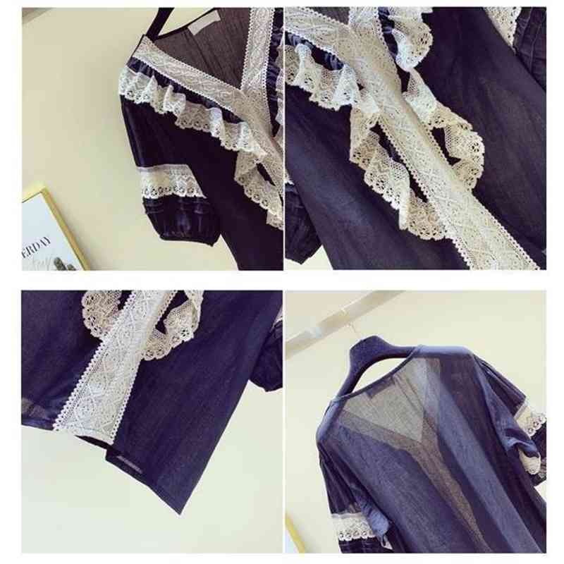 Summer Lace Patchwork Puff Sleeves V-neck Shirt Loose Sweet Top 210615Z