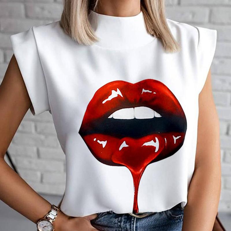 Women Elegant Lips Print blouse shirts 2021 Summer Casual Stand Neck Pullovers tops Ladies Fashion cute Eye Short Sleeve Blusa