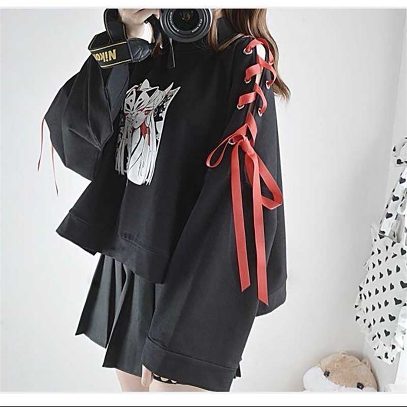 NiceMix Japanese Lolita Vintage Harajuku Anime Fox Print Lace-up Long Sleeve Hoodie Shirts Dark Girl Punk Street Sweatshirt Tops 201211