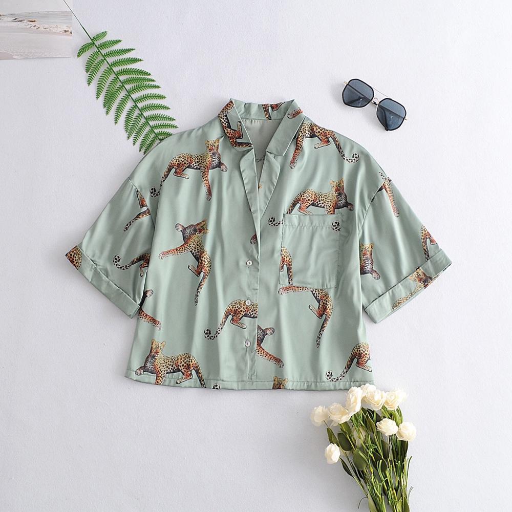 Animal Leopard Satin Short Shirt Pajama Suits Elastic Waist Wide Leg Shorts Women Loose Short Sleeve Blouse Tops 2 Pieces Set 210302
