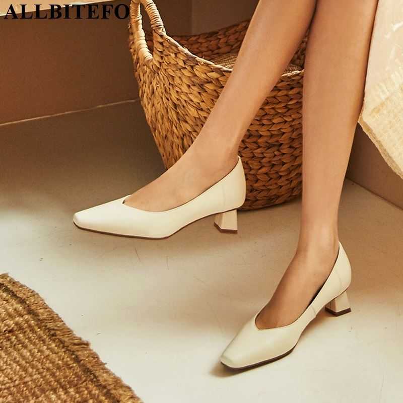 ALLBITEFO fashion pure color office women heels natural genuine leather high heel shoes elegant square toe ladies shoes 210611