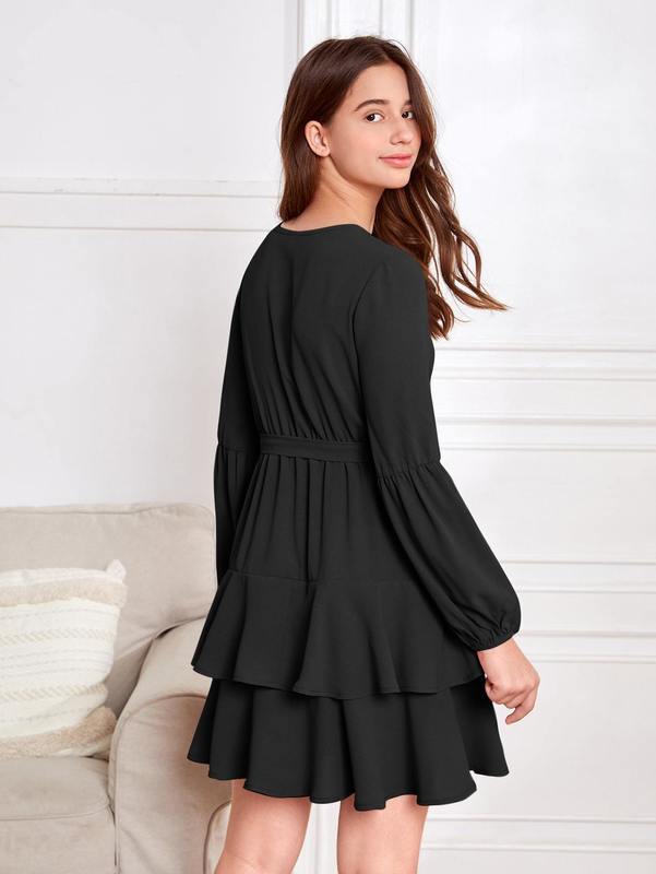 Teen Girls Lantern Sleeve Two Layer Hem Belted Dress SHE