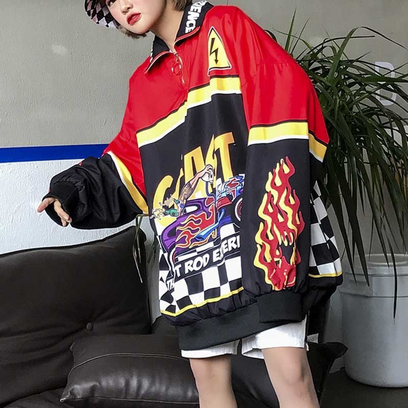 NiceMix Women Trendy Tops New Ins Harajuku Style Flame Printing Loose Sweatshirt Casual Oversize Hoodies Hip-hop Fashion 201212