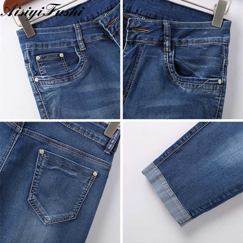Woman's Jeans Black Denim Pants Ladies Cropped Trousers Skinny Knee Length Women Elastic High Waist Mom Plus Size 210809