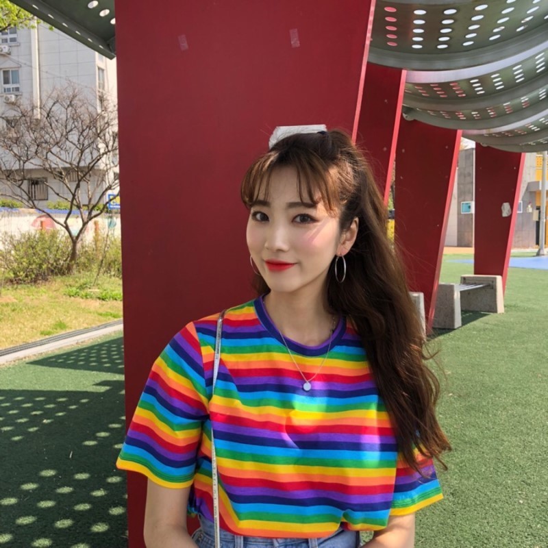 Summer Clothing Woman Tshirt Top Korean Style Tshirts Ulzzang Harajuku Rainbow Striped Short Sleeve Tshirt For Women Tees T200614