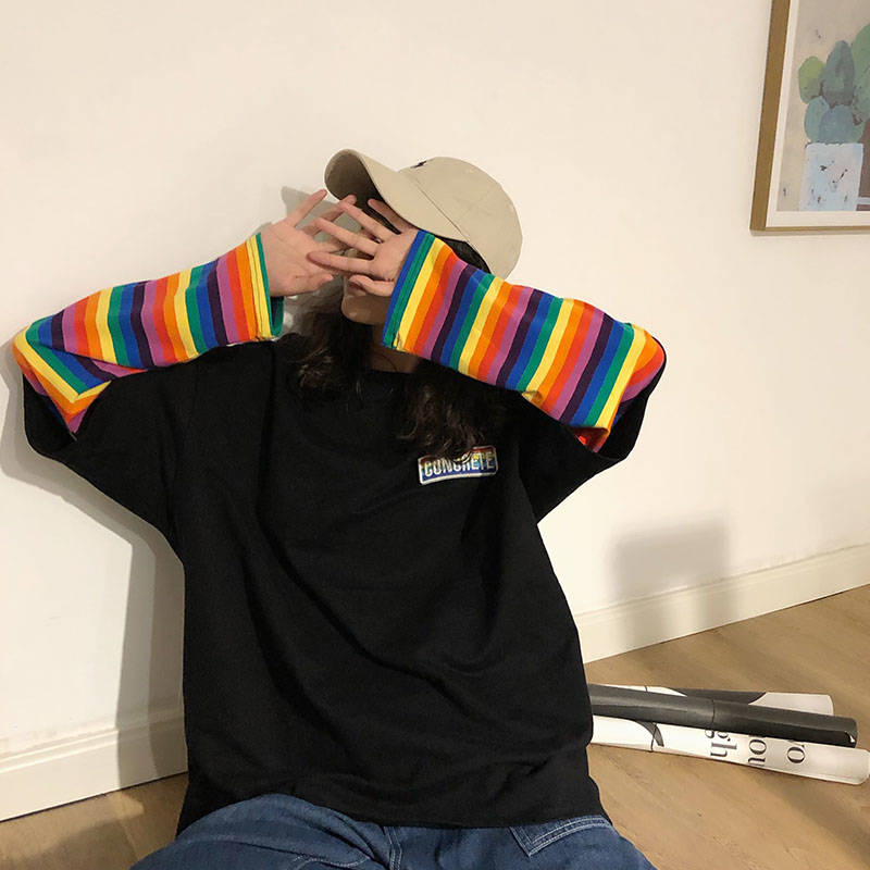 Hirsionsan Rainbow Kawaii T Shirt Women New Spring Long Sleeve Harajuku Tees Casual Student Tops Stripe Oversized Clothes 210302