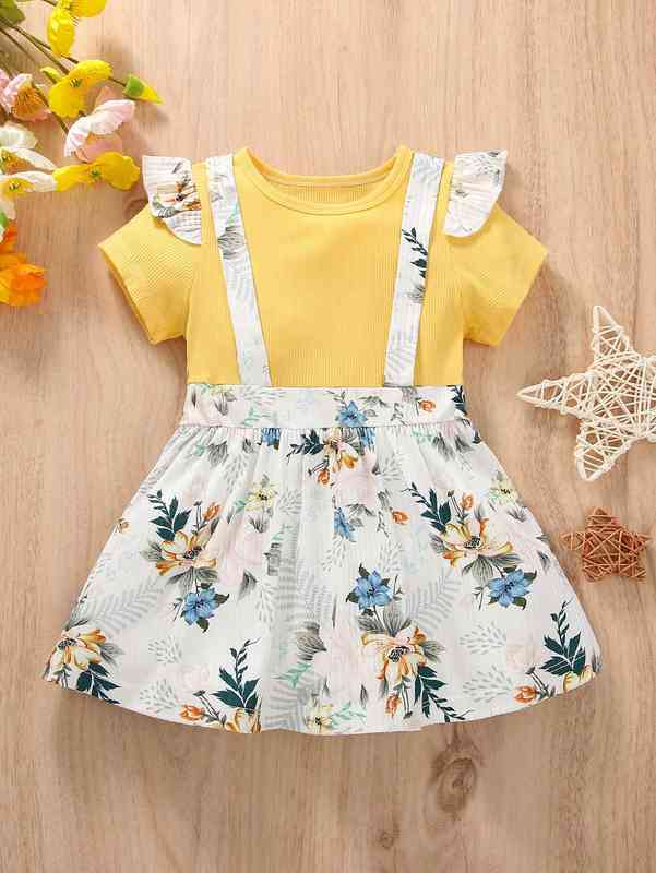 Baby Floral Print Ruffle Trim 2 In 1 Dress SHE