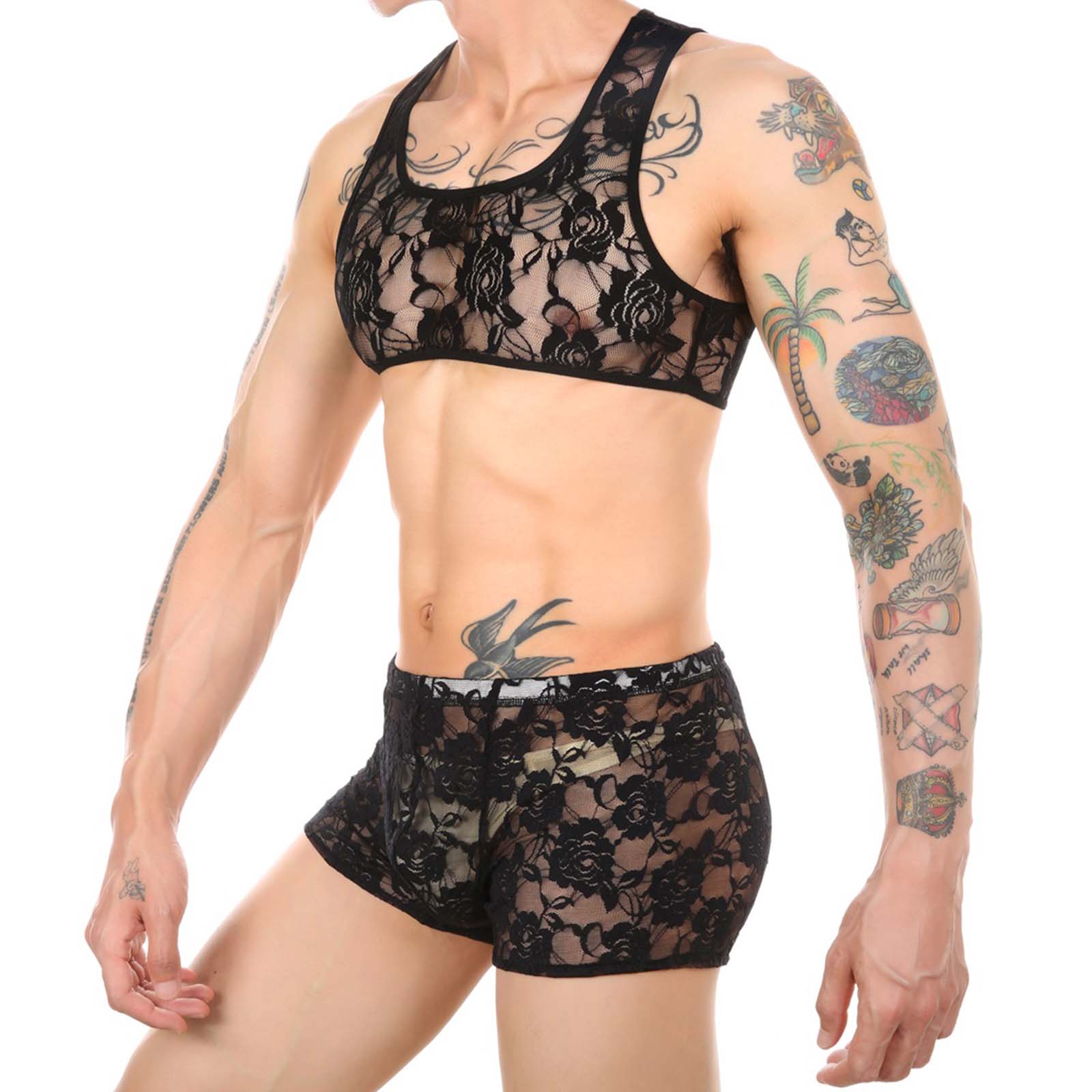 Mens Erotic Sissy Lingerie Suit Flower Pattern See-Through Lace Set Sleeveless Cropped Crop Tops with Elastic Waistband Shorts
Mens Erotic Sissy Lingerie Suit Flower Pattern See-Through Lace Set Sleeveless Cropped Crop Tops with Elastic Waistband Shorts
