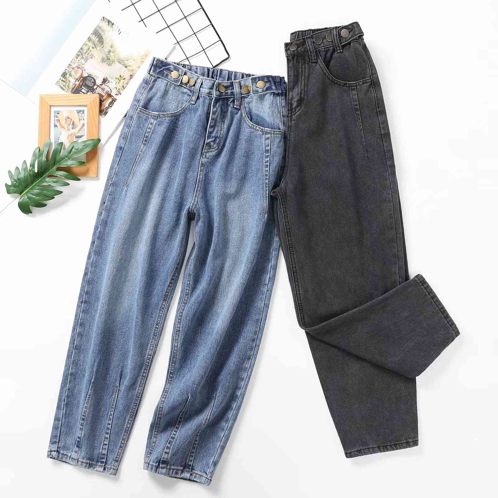 jeans b4754 - korean women's clothing spring 2021 elastic waist seven button harlan father pants, Blue
jeans b4754 - korean women's clothing spring 2021 elastic waist seven button harlan father pants, Blue