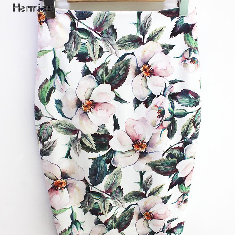 Hermicci Summer Style Pencil Skirt Women High Waist Green Skirts Vintage Elegant Bodycon Floral Print Midi Skirt 210306
