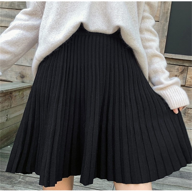 Plus Size M-5XL Spring New Women's Pleated Skirt Preppy Style High Waist Solid Fashion Knitting Warm Skirts B9D601S 210309