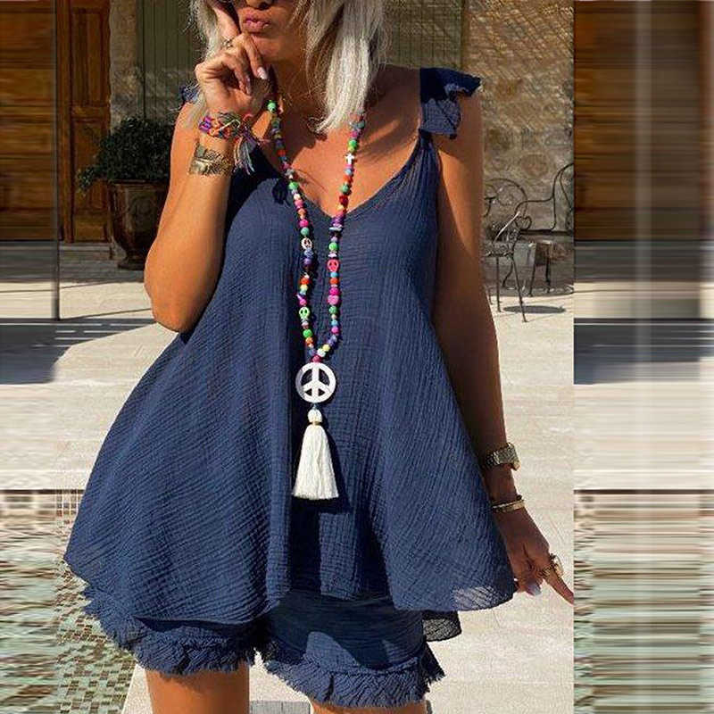 Casual Cotton Linen Beach Suits Summer Butterfly Sleeveless Tops And Tassels Shorts Two Piece Set Beach Female Elegant Tracksuit 210709