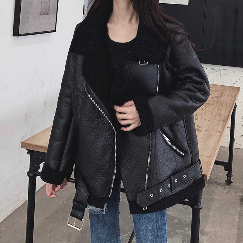 Ly Varey Lin Women Lamb Fur Faux Leather Jacket Coat Turn Down Collar Winter Thick Warm Oversized Zipper With Belt Outerwear 210526