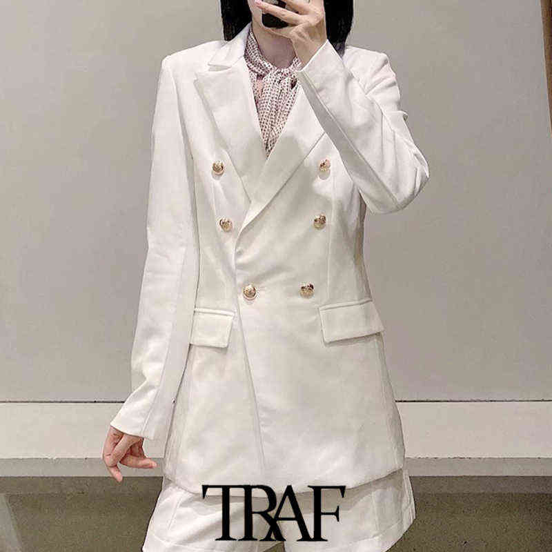 TRAF Women Fashion Office Wear Double Breasted Blazers Coat Vintage Long Sleeve Pockets Female Outerwear Chic Tops 211122