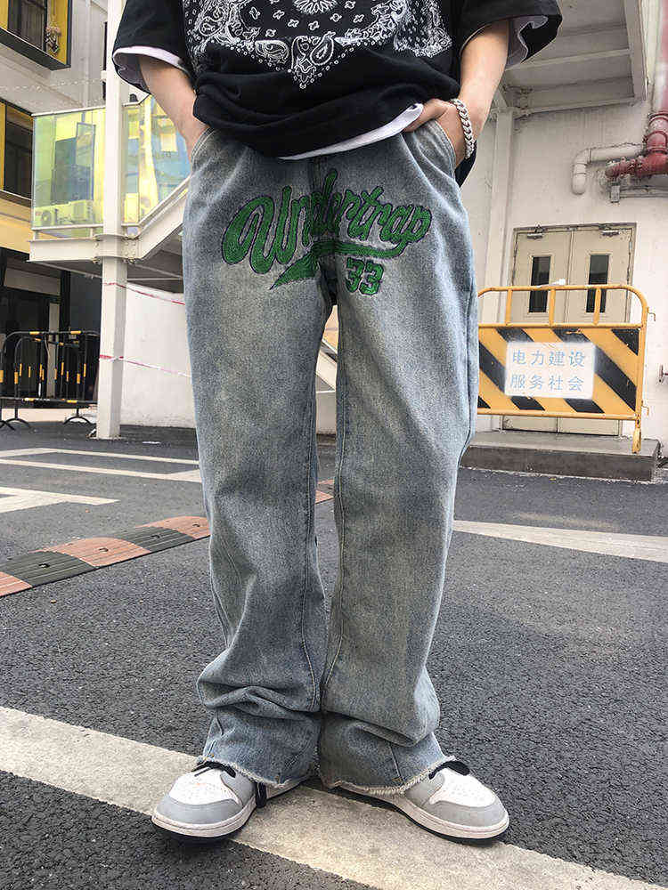 shec Embroidered Raw Edge Flare Jeans Men/Women High Waist Letter Pants Streetwear Hip Hop Wide Leg Denim Flared 211111