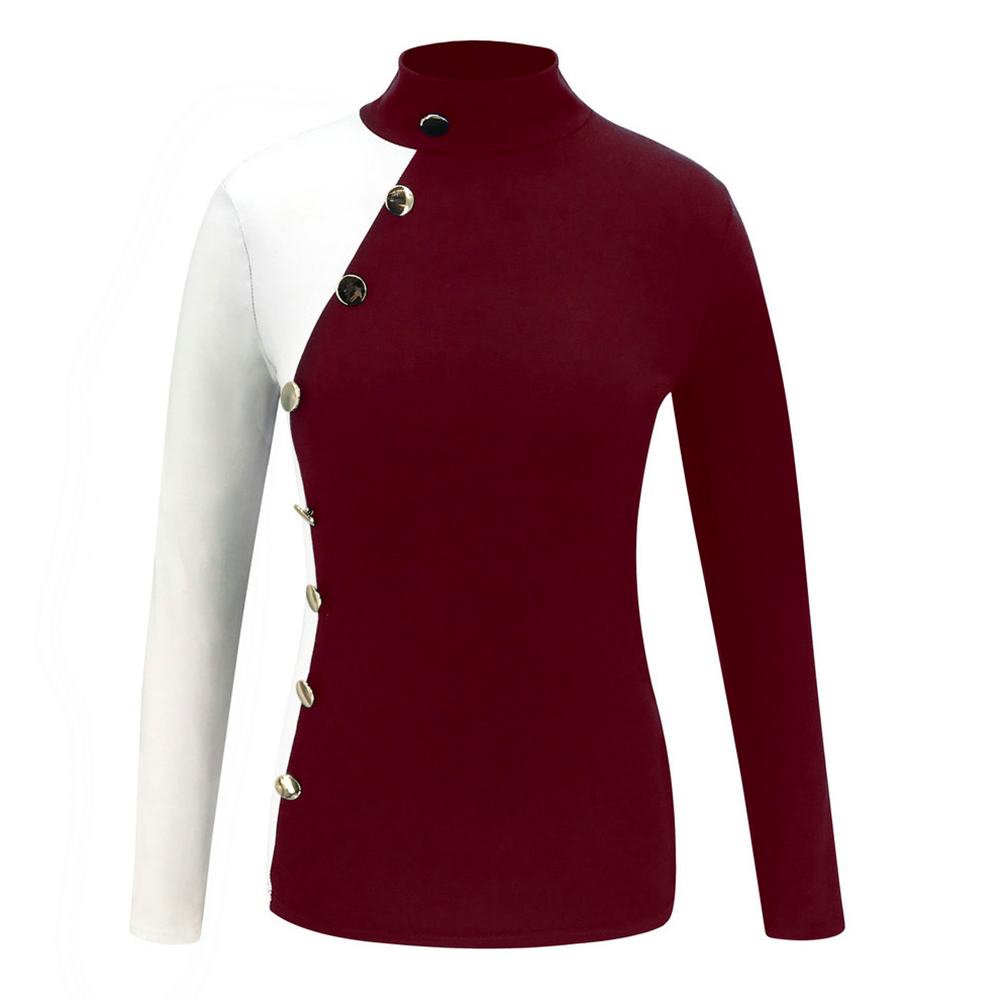 OL T Shirt Women Long Sleeve Turtleneck Tee Shirt Femme Elegant Ladies Buttons Autumn Winter Top Office Lady Contrast Top D25 210302
