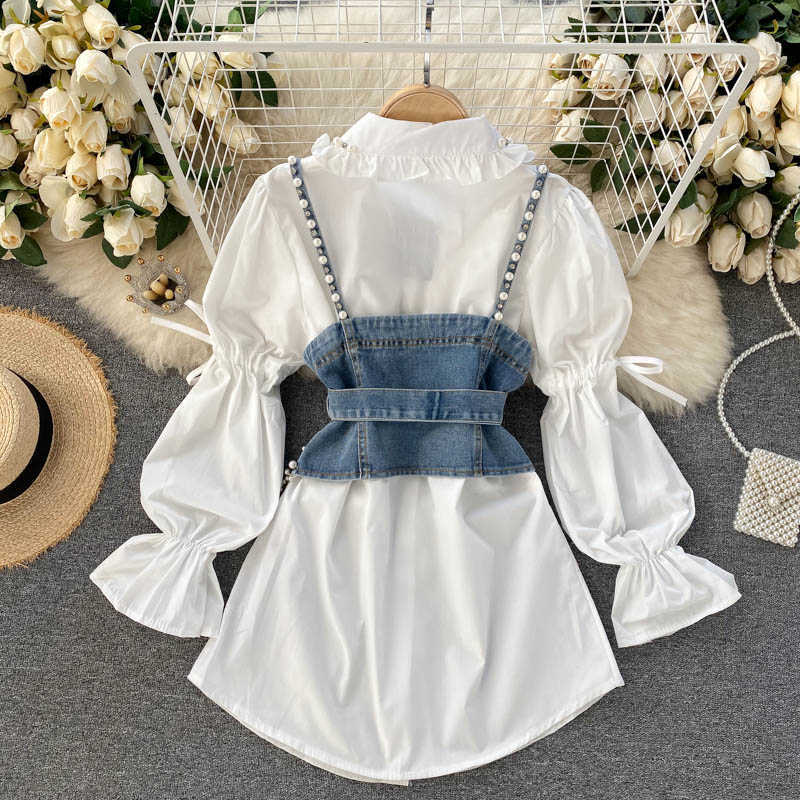 Chic Women Fashion Diamond-studded Beaded Long Sleeve White Elegant Shirt + Tassel Pearl Denim Vest Two-piece Sets R524 210527