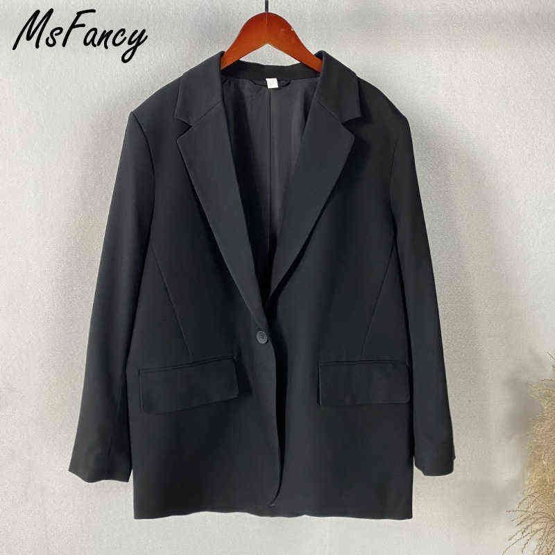 Msfancy Fashion Black Blazer Suits Women Plus Size Tailleur Femme Single Button Oversized Casual Jacket 211122